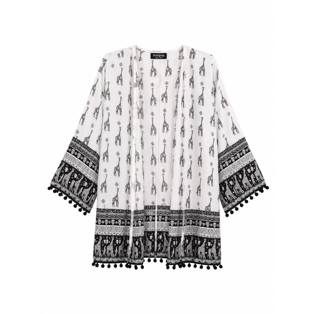Relipop Womens Kimono Cardigan White Black Giraffe Print Boho‎ Pom Pom Trim M